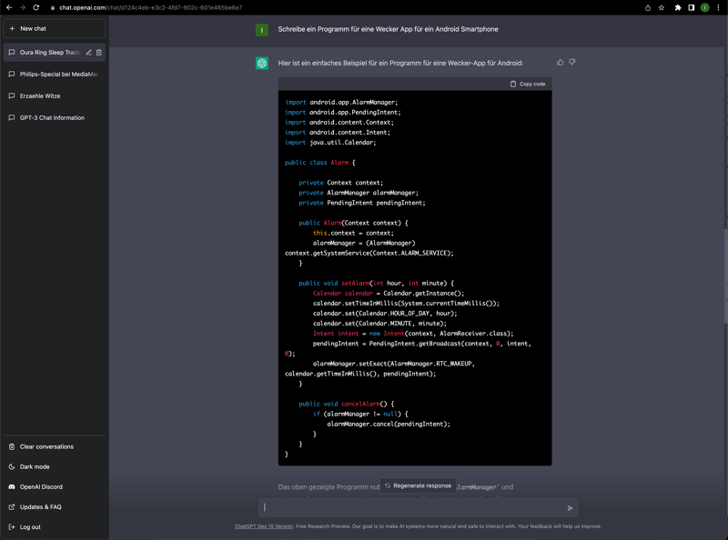 Screenshot von Chat GPT beim Programm schreiben